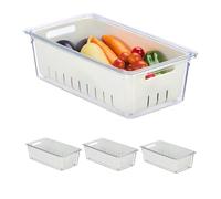 Relaxdays Organizador Nevera, Set de 4, Apilable, Cestas Escurridora, Almacenaje Alimentos con Tapa, Transparente/Blanco