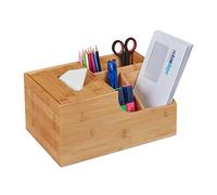 Relaxdays Organizador Oficina con Caja Pañuelos, 4 Compartimentos, Cosméticos, Portalápices Bambú 14x29x19,5 cm, Natural