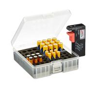 Relaxdays Organizador para Pilas con Comprobador, para 60 Baterías AA y AAA, 5,5 x 15 x 15,5 cm, Transparente y Negro