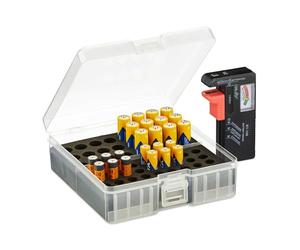 Relaxdays Organizador para Pilas con Comprobador, para 60 Baterías AA y AAA, 5,5 x 15 x 15,5 cm, Transparente y Negro