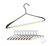 Relaxdays Pack 10 Perchas para Colgar Trajes, Pantalones, Tops y Chaquetas, Madera y Metal, 21,5 x 43 x 3 cm, Negro