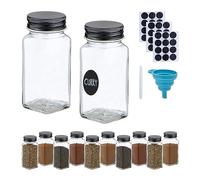 Relaxdays Pack 12 Botes Especias, Dosificador, Especieros Cristal, 120 ml, Etiquetas, Lápiz y Embudo, Transparente/Negro, Acero Inoxidable, 10.5 x 4.5 x 4.5 cm