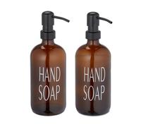 Relaxdays Juego Cristal Set 2 Dispensadores Jabón Vidrio, Jaboneras 500 ml, Rellenables, Baño, Cocina, Dosificadores Gel Ducha, Marrón, Acero Inoxidable, 22 x 9 x 7 cm