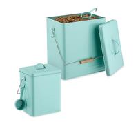Relaxdays Juego Turquesa Pack 2 Recipientes de Comida de Mascotas, 2 Tamaños, con Tapa y Cucharas, Cajas Pienso Perro y Gato, Hierro, 36,5 x 21 x 28,5 cm