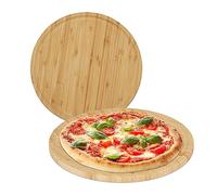 Relaxdays Bambus Pizzateller im 2er Set Pack 2 Tablas Pizza, Bambú Natural, Ø 32 cm, Platos Redondos Servir y Cortar, Tableros Madera Quesos, 32 Centimeters cm