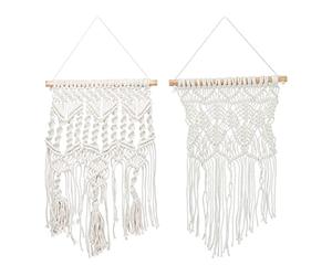 Relaxdays Pack 2 Tapices Macramé Artesanales Pared, Adorno Estilo Bohemio, Diferentes Patrones, Algodón y Madera, Crema