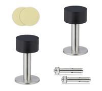 Relaxdays Pack 2 Topes Puerta, Sujetapuertas para Atornillar o Autoadhesivos, Goma y Acero Inoxidable, Negro y Plateado