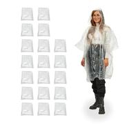 Relaxdays Pack 20 Chubasqueros Desechables, Ponchos Lluvia Capucha, Chaquetas Antilluvia Emergencia Unisex, Transparente, 123 x 125 cm