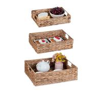 Relaxdays Pack 3 Bandejas para Servir, Cestas de Jacinto de Agua, 3 Tamaños, Asas, Diseño Tejido, Rectangulares, Natural