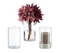 Relaxdays Pack 3 Floreros de Cristall, Jarrón Flores o Velas, 15x9,5 cm, Adorno Salón, Recibidor, Eventos, Transparente