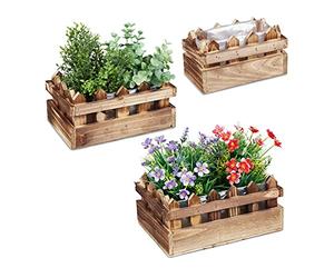 Relaxdays Pack 3 Macetas Madera, Tiestos Flores, Varios Tamaños, Revestimiento Plástico, Interior o Exterior, Natural