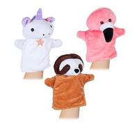 Relaxdays Pack 3 Marionetas de Mano para Niños, Títeres Animales, Perezoso, Flamenco y Unicornio, Tela Suave, Multicolor, Poliéster, 20-24 cm