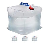 Relaxdays Pack 4 Bidones Plegables 20L, Garrafas Agua con Grifo y 2 Asas, sin BPA, Aptos para Alimentos, Transparente