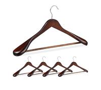 Relaxdays Pack 5 Perchas Traje Anchas, Colgadores Chaquetas, Pantalones, Madera-Metal, 24x44,5x5,5 cm, Marrón