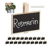 Relaxdays Pack 80 Letreros para Plantas, Etiquetas con Pinzas Huerto, Reutilizables, Incl. Tiza, Madera, Natural y Negro