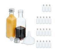 Relaxdays Pack Botellitas de Cristal, 20 Mini Botellas para Rellenar, 100 ml, Tapa Rosca y Tapón, Transparente/Plateado