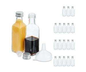 Relaxdays Pack Botellitas de Cristal, 20 Mini Botellas para Rellenar, 100 ml, Tapa Rosca y Tapón, Transparente/Plateado