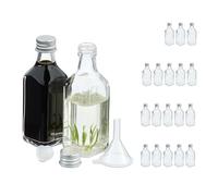 Relaxdays Pack Botellitas de Cristal, 20 Mini Botellas para Rellenar, 50 ml, Tapa Rosca y Tapón, Transparente/Plateado