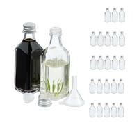 Relaxdays Pack Botellitas de Cristal, 25 Mini Botellas para Rellenar, 50 ml, Tapa Rosca y Tapón, Transparente/Plateado