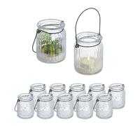 Relaxdays Portavelas, Set 12, Tarro con Asa, Interior, Exterior, 9,5 x 8 cm, Porta Velas Té Bodas, Transparente/Negro