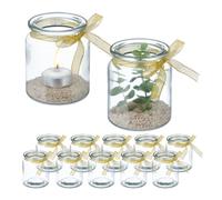 Relaxdays Portavelas, Set de 12, Cristal, Porta Velas Té con Lazo, 9,5 x 8 cm, Interior y Exterior, Transparente/Dorado, Poliéster