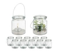 Relaxdays Windlicht Glas 12er Portavelas Cristal, Set de 12, Porta Velas con Asa, 9,5 x 8 cm, Tarros Vidrio Redondos, Transparente/Plateado
