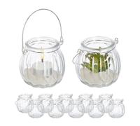 Relaxdays Windlicht Glas 12er Portavelas Cristal, Set de 12, Porta Velas con Asa, 7,5 x 8 cm, Recipientes Vidrio Redondos, Transparente