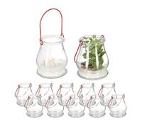 Relaxdays Pack de 12 Portavelas Vidrio, con Asa, Interior, Exterior, Porta Velas de Té, 10 x 8,5 cm, Transparente y Rojo