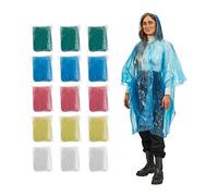 Relaxdays Pack de 15 Chubasqueros, Capas para Lluvia con Capucha, 5 Colores, Ponchos Desechables, Unisex, Multicolor, 120 x 120 x 0.1 cm