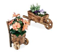 Relaxdays Pack de 2 Macetas de Carretilla, Madera Quemada, Decoración de Jardín, Retro, Carritos para Plantas, Natural
