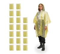 Relaxdays Pack 20 Chubasqueros Desechables, Ponchos Lluvia con Capucha, Chaquetas Antilluvia Emergencia Unisex, Amarillo, 123 x 125 cm