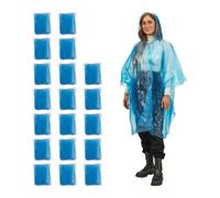 Relaxdays Pack 20 Chubasqueros Desechables, Ponchos de Lluvia con Capucha, Chaquetas Antilluvia Emergencia, Unisex, Azul, 123 x 125 cm