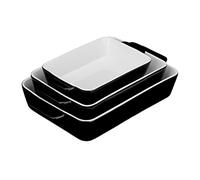 Relaxdays Pack de 3 Fuentes Horno, 3 Tamaños, Rectangular, Cerámica, Apto Lavavajillas, Recipiente Lasaña, Negro/Blanco, 6 x 33 x 20 cm