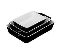 Relaxdays Pack de 3 Fuentes Horno, 3 Tamaños, Rectangular, Cerámica, Apto Lavavajillas, Recipiente Lasaña, Negro/Blanco, 6 x 33 x 20 cm