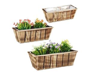 Relaxdays Pack de 3 Macetas de Madera, Jardineras, 3 Tamaños, Tiestos Flores, Interior y Exterior, con Plástico, Marrón
