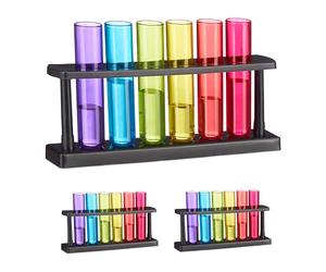 Relaxdays Pack Tubos de Ensayo para Chupitos, 18 Vasos de Shots, 3 Soportes, Plástico, 40 ml, para Fiestas, Multicolor
