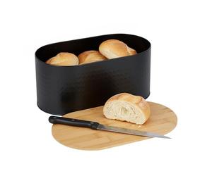 Relaxdays panera bambú y Acero con Tapa como Tabla de Cortar, 15,5x34x18,5 cm, Caja para Pan Negra