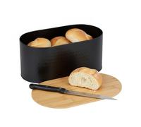 Relaxdays panera, bambú y acero, tapa como tabla de cortar, Al x An x Pr: 15,5 x 34 x 18,5 cm, caja para pan, negro