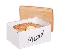 Relaxdays Panera con diseño retro, Tapa de bambú, Inscripción «Bread», Metal, 14 x 30,5 x 23,5 cm, Blanco