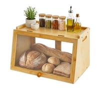 Relaxdays Panera de bambú, (Al x An x Fon): 23 x 39 x 26 cm, natural | Tapa frontal y puerta corredera, acceso doble, caja para pan, ventana, sin moho