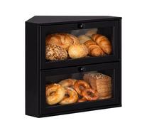 Relaxdays Panera esquinera de bambú, 2 pisos, cajón para pan con ventana, HBT: 35 x 40 x 27,5 cm, ahorra espacio, negro