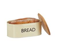 Relaxdays Panera Vintage con Tapa, Metal-Bambú, Beige, 14 x 36 x 20 cm | Caja redonda para pan con inscripción BREAD, (Al x An x Fon): 14 x 36 x 20 cm