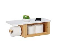 Relaxdays Papel higiénico Estante Portarrollos Baño Repisa, Dispensador Rollo Bambú, Compartimento Abierto, 17x50x18 cm, Pared, Natural y Blanco, Tablero de Fibras