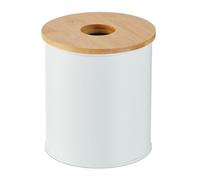 Relaxdays Papelera de Baño, 2 litros, Tapa de Bambú con Agujero, Basura Aseo Redonda, Cubo para Tocador, Blanco, Hierro, 15x13,5 cm