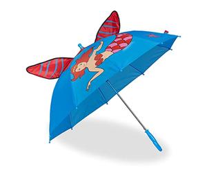 Relaxdays Paraguas Infantil Diseño de Sirenita, Cola 3D, Automático, Niños, 78cm Ø, Varillas Punta Redondeada, Azul/Rojo, Poliéster, 72 x 78 cm