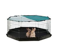 Relaxdays Parque para Mascotas con Cubierta de Red, Suelo, 8 Paneles, Conejos, Cobayas, Corral de 60x150x150cm, Plateado, Metal, 1 Unidad