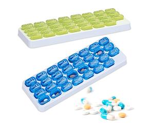 Relaxdays Pastillero Mensual, 2 uds., Organizadores Medicamentos, 31 Días, sin BPA, Plástico, Caja Pastillas, Verde/Azul