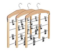 Relaxdays Percha múltiple de Madera, Antideslizante, Pantalones, Faldas, Pack de 3, HxLxP: 45,5x39x2,5 cm, Plata/Natural