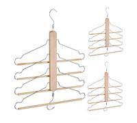 Relaxdays Perchas Múltiples, 4 en 1, Ahorra Espacio, Set de 3, Barra Pantalones, Madera Loto y Metal, Natural y Plateado