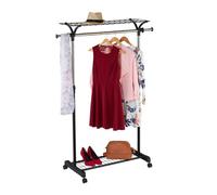 Relaxdays Perchero con Ruedas, Estante para Zapatos y Sombreros, Armario para Colgar Ropa, H: 110-170 cm L: 90-135 cm, Negro, Plata